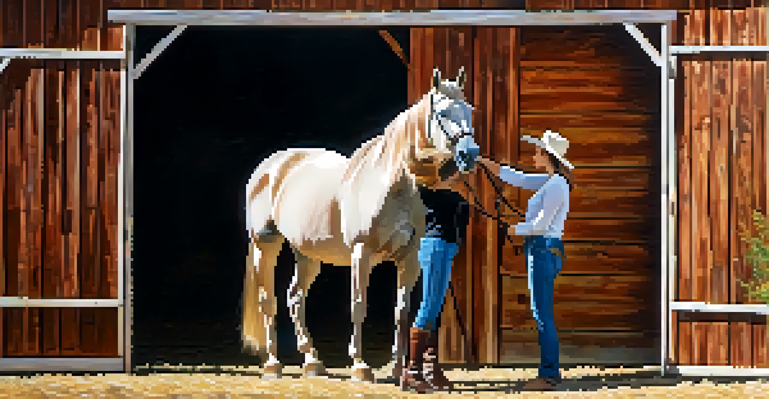 A rider and an Arabian horse sharing a gentle moment, with a rustic barn and warm sunlight in the background.