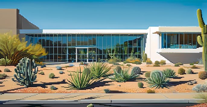 Exterior view of the Scottsdale Museum of Contemporary Art surrounded by desert landscape, featuring modern architecture and blue sky.