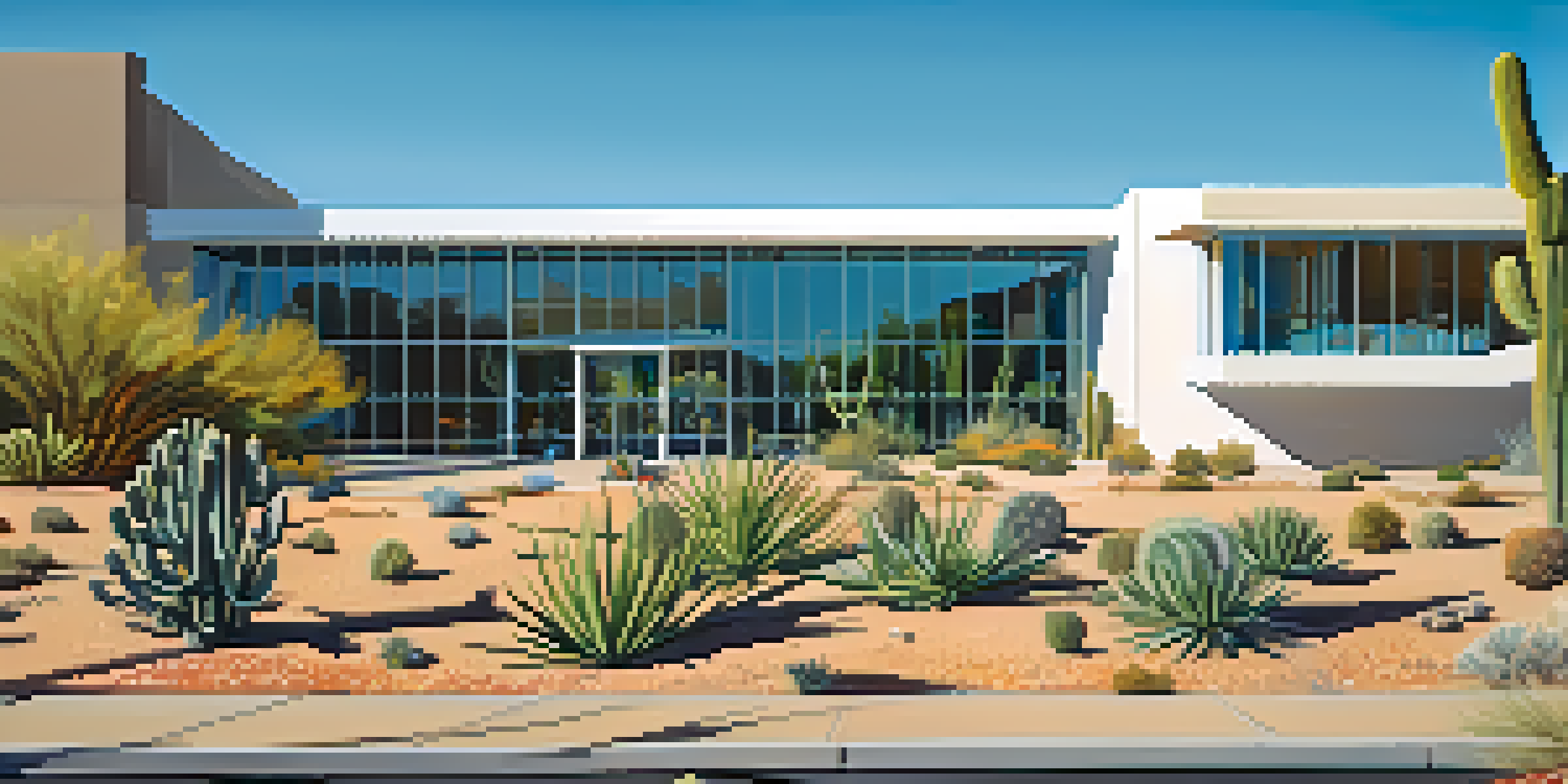 Exterior view of the Scottsdale Museum of Contemporary Art surrounded by desert landscape, featuring modern architecture and blue sky.