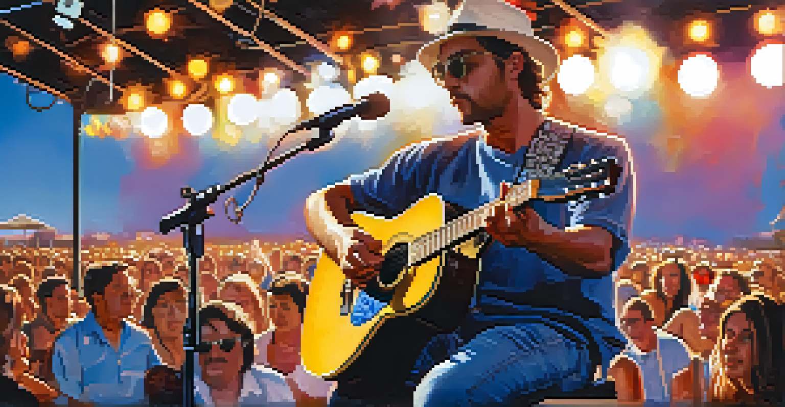 A local musician passionately performing on stage at a Scottsdale festival, with an acoustic guitar, microphone, and enthusiastic audience in the background.