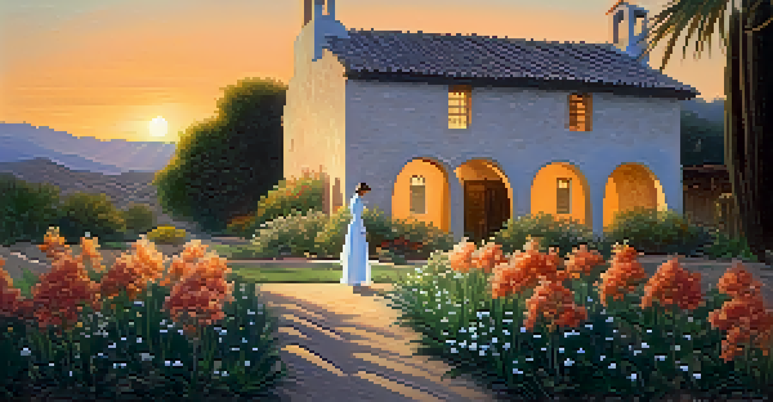 An old adobe mission with gardens at dusk, featuring a ghostly figure in white, illuminated by the golden light of sunset.