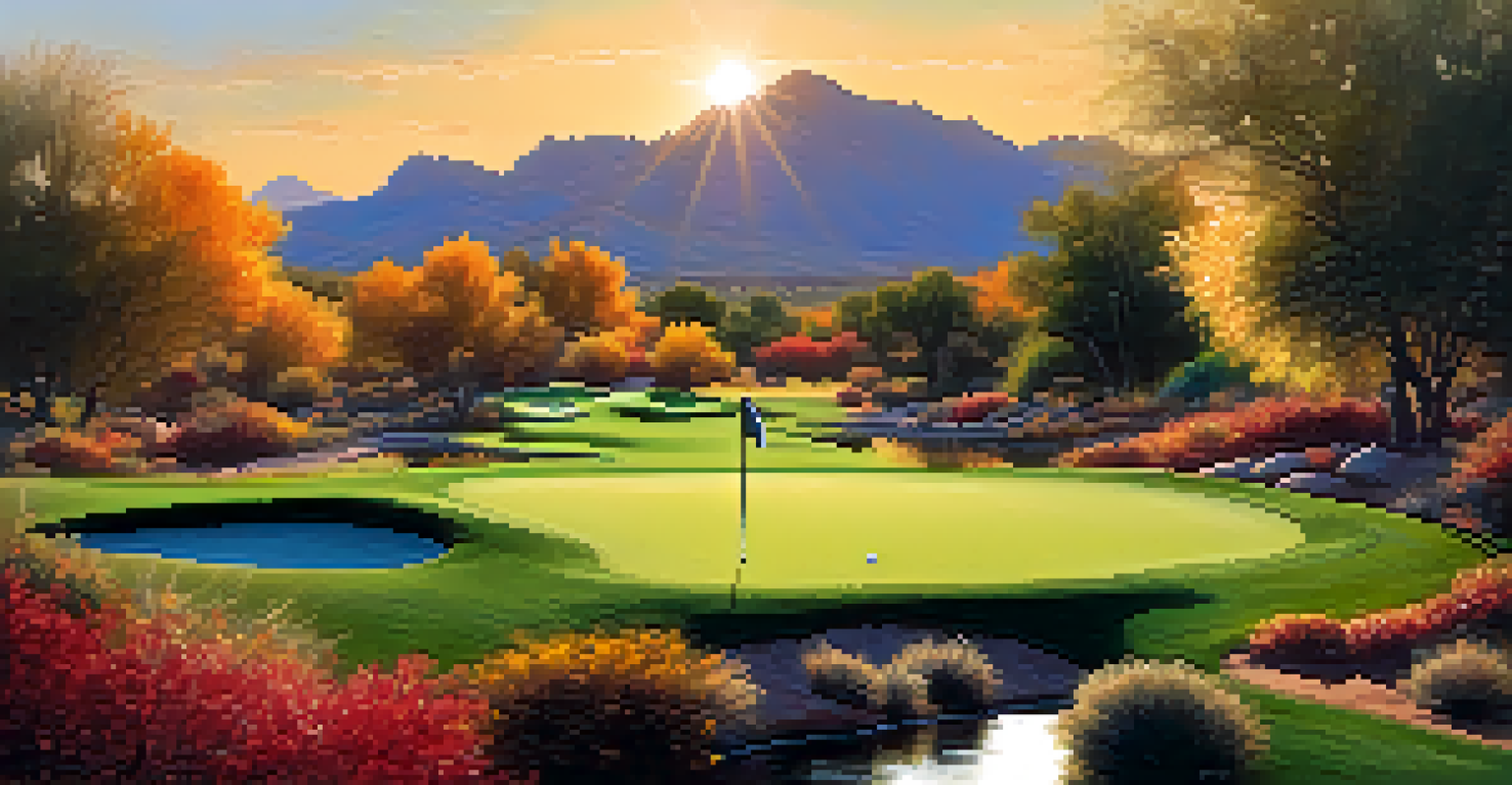 A golfer putting on an autumn golf course in Scottsdale with colorful fall leaves and a sunset in the background.