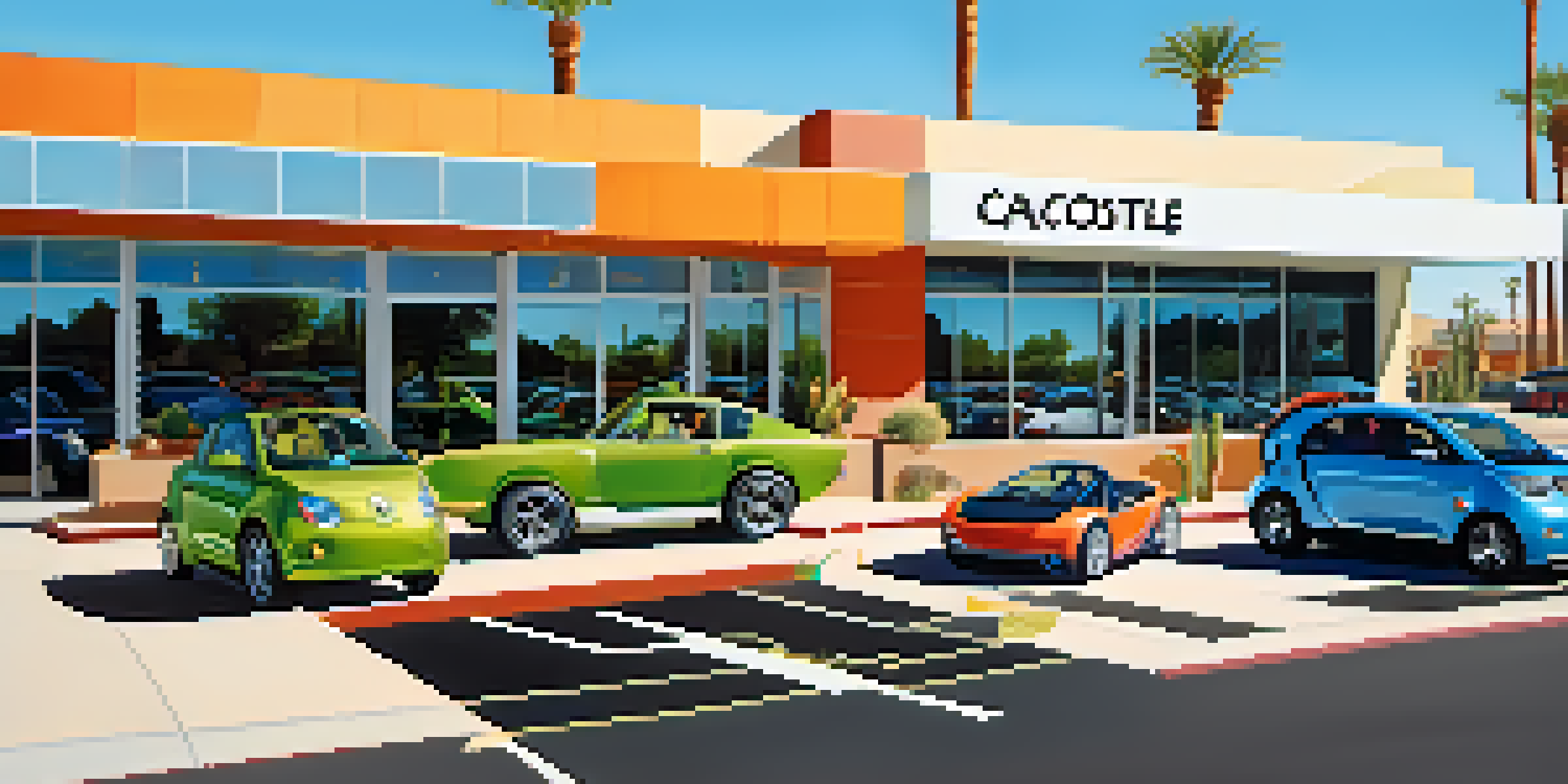 A sunny day in Scottsdale with various electric vehicles parked in front of a modern car dealership surrounded by cacti and palm trees.