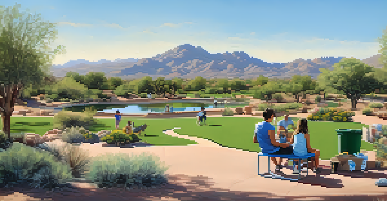A clean Scottsdale park with a recycling bin filled with recyclable materials, surrounded by desert plants and a family enjoying a picnic under a blue sky.