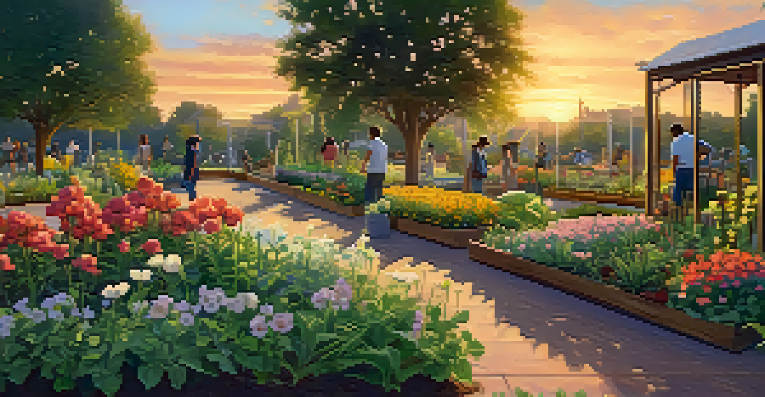 A peaceful community garden at sunset, with flourishing plants and gardeners enjoying the serene environment.