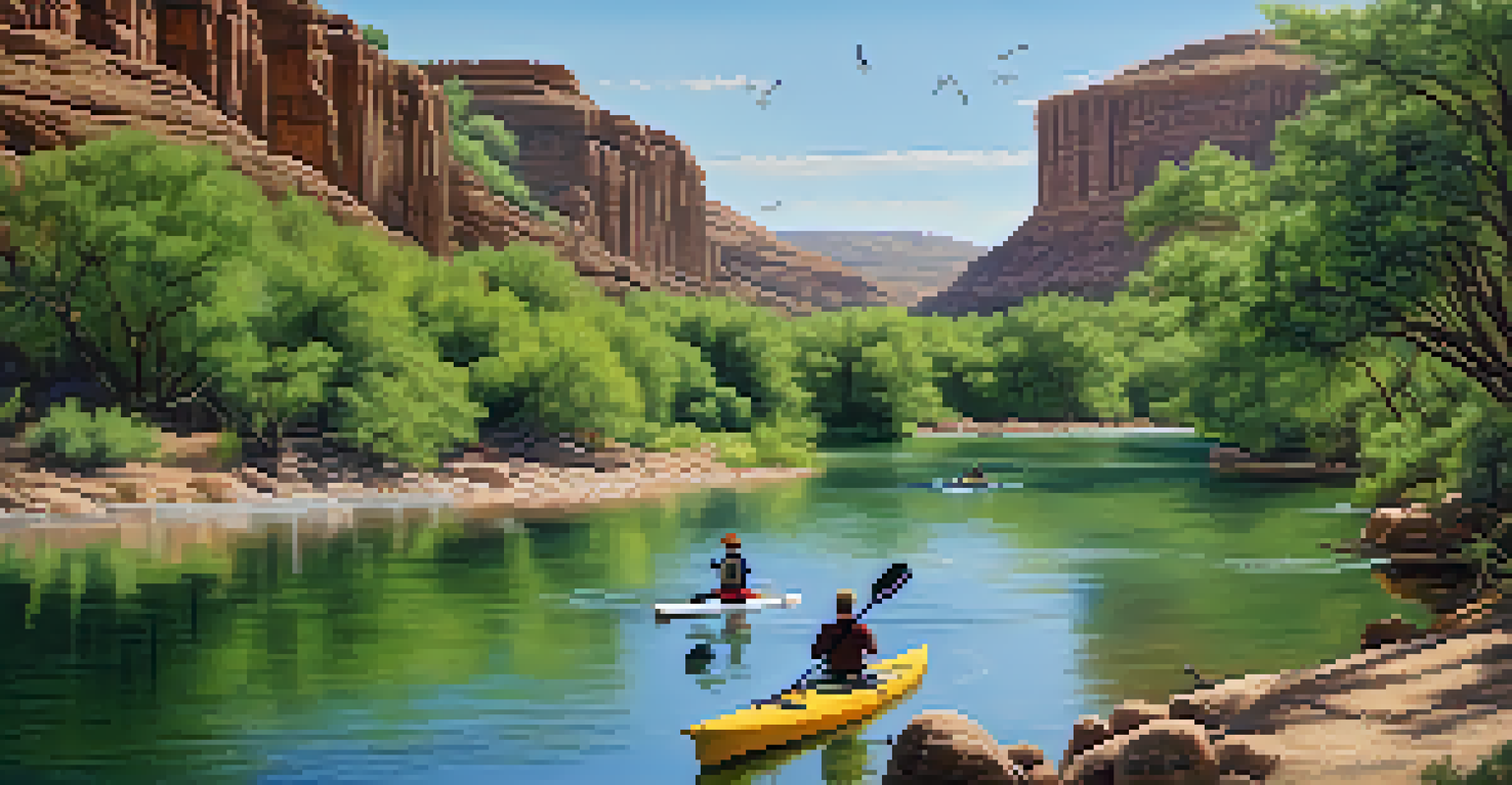 People enjoying kayaking and paddleboarding on the Salt River with natural scenery.