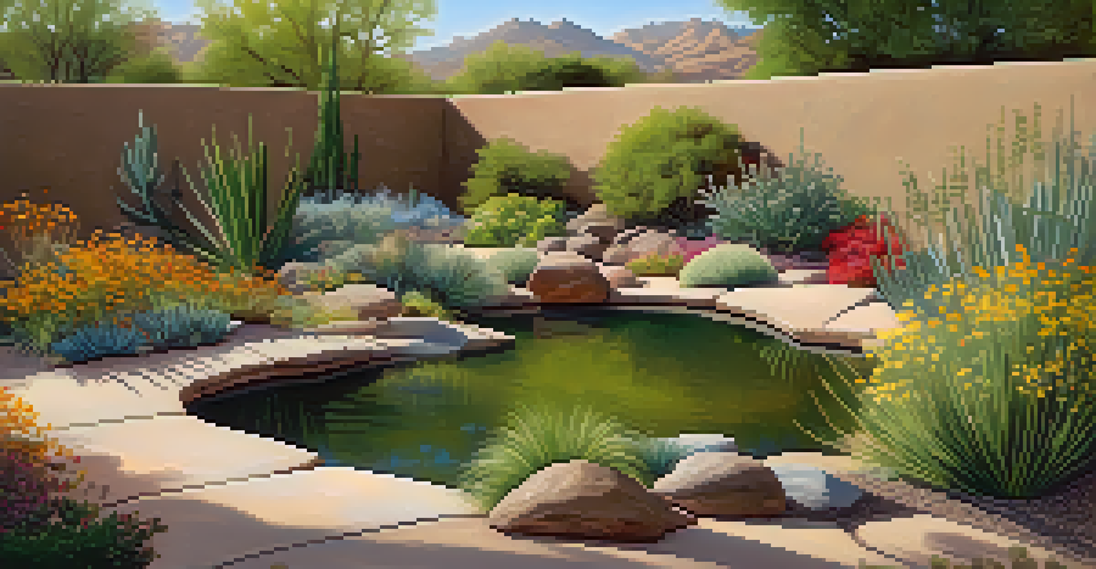 A habitat-friendly garden with native shrubs, wildflowers, and a water source, bustling with wildlife.