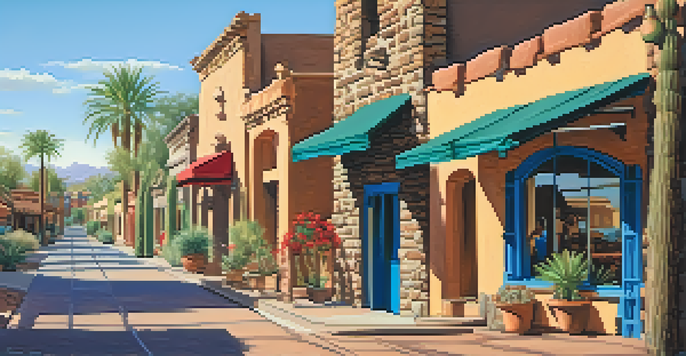 A scenic view of Old Town Scottsdale featuring historic buildings, art installations, and desert plants under a clear blue sky.