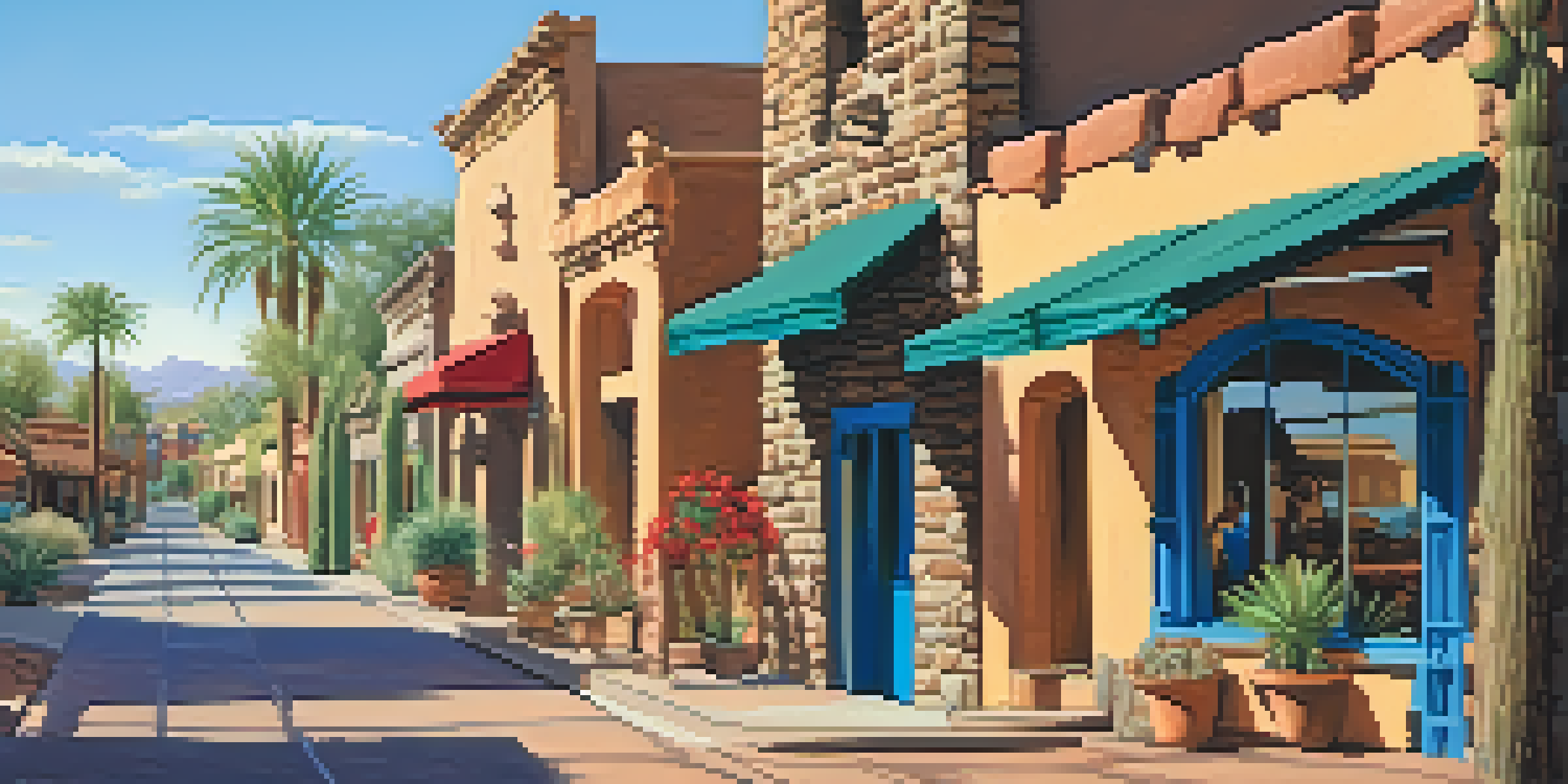 A scenic view of Old Town Scottsdale featuring historic buildings, art installations, and desert plants under a clear blue sky.