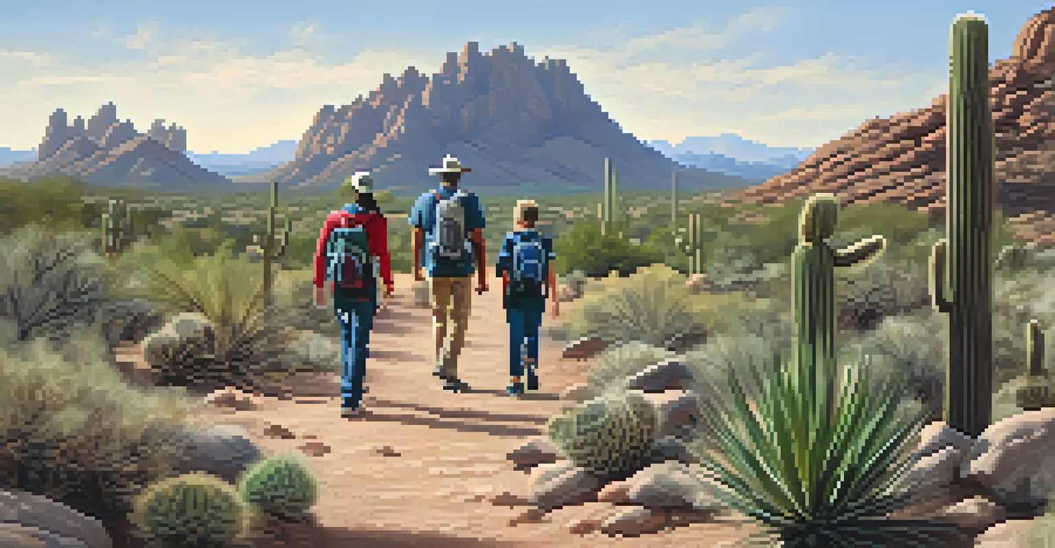 A family hiking on a scenic trail with desert landscapes, showcasing cacti and rocky formations.