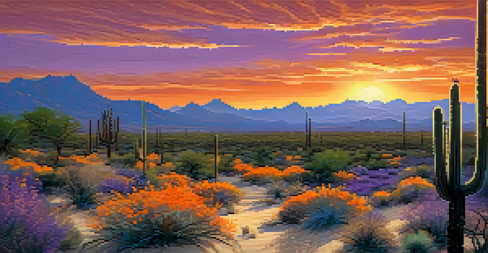 A desert landscape in Scottsdale with tall saguaro cacti and blooming desert flowers during sunset.