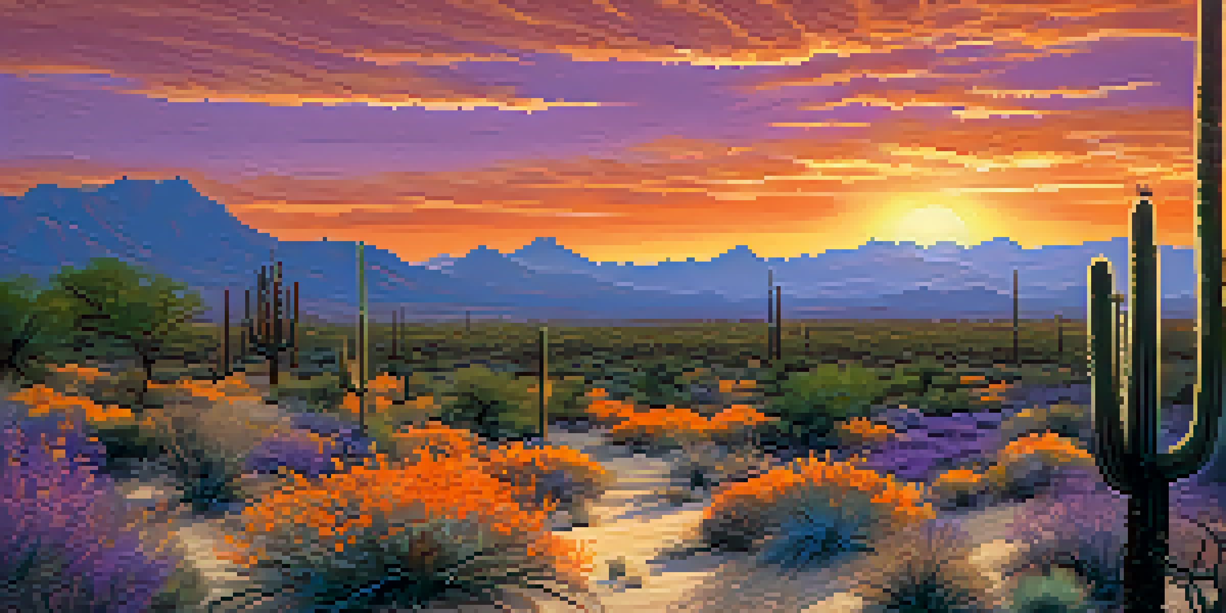 A desert landscape in Scottsdale with tall saguaro cacti and blooming desert flowers during sunset.