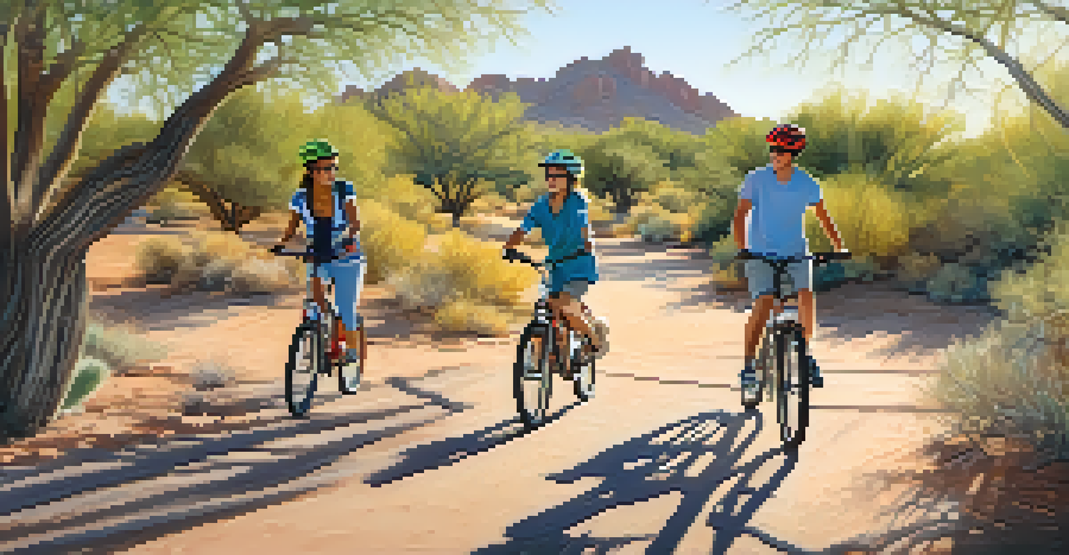 A family of four biking on a shaded trail, with picnic areas and desert plants surrounding them.