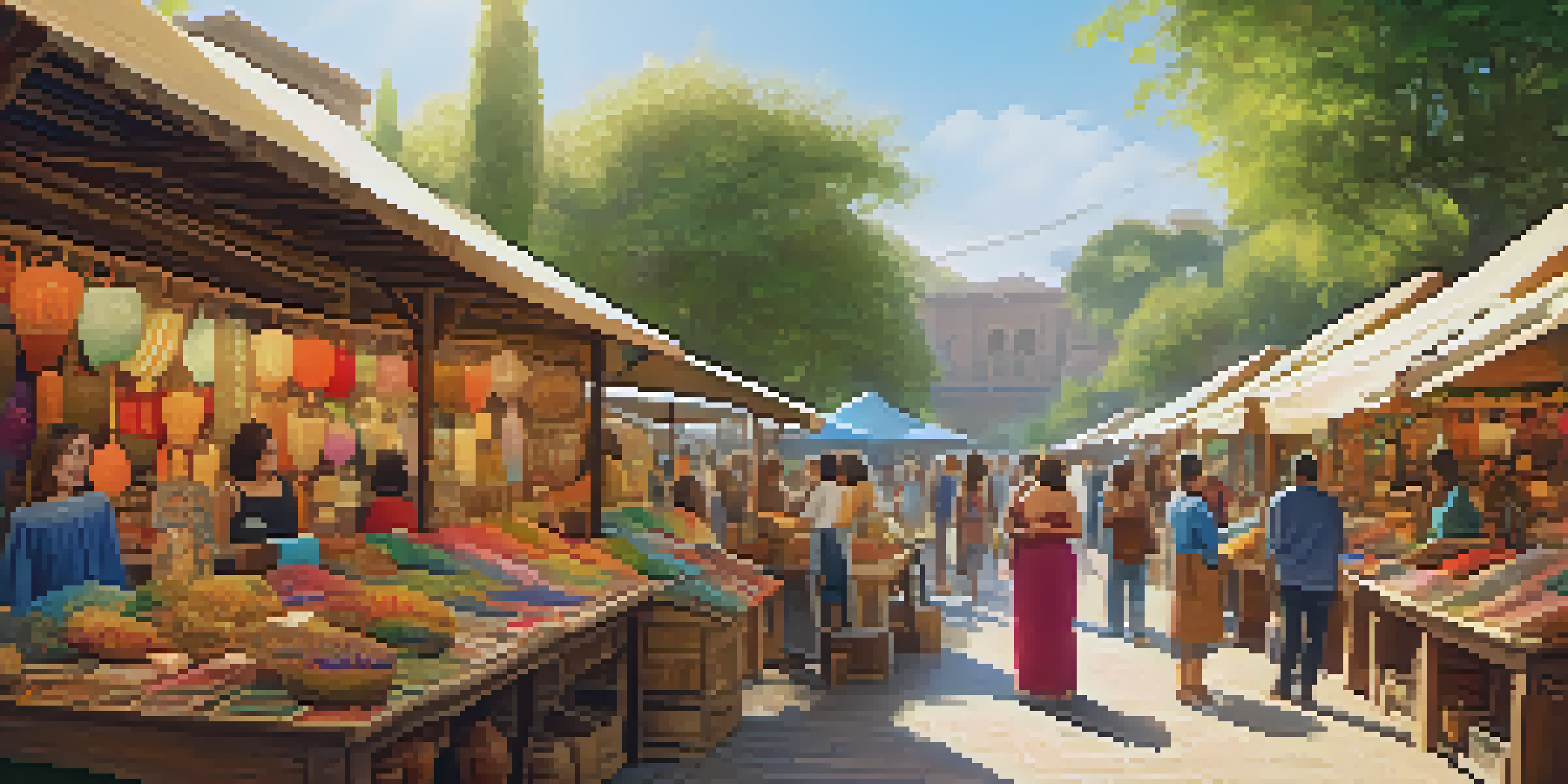 A lively artisan market filled with colorful handmade crafts, shoppers interacting with artists, and warm sunlight illuminating the scene.