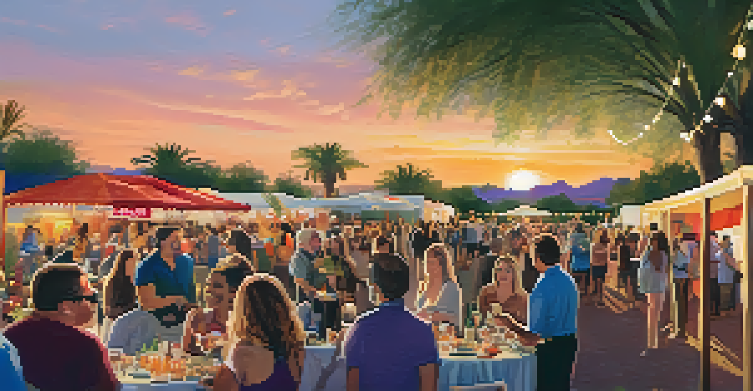 Outdoor networking event at the Scottsdale International Film Festival with attendees mingling, food stalls, and a sunset backdrop.
