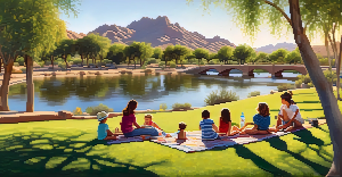 A family enjoying a picnic on a blanket with lush green grass and the Arizona Canal in the background, under a sunny sky.