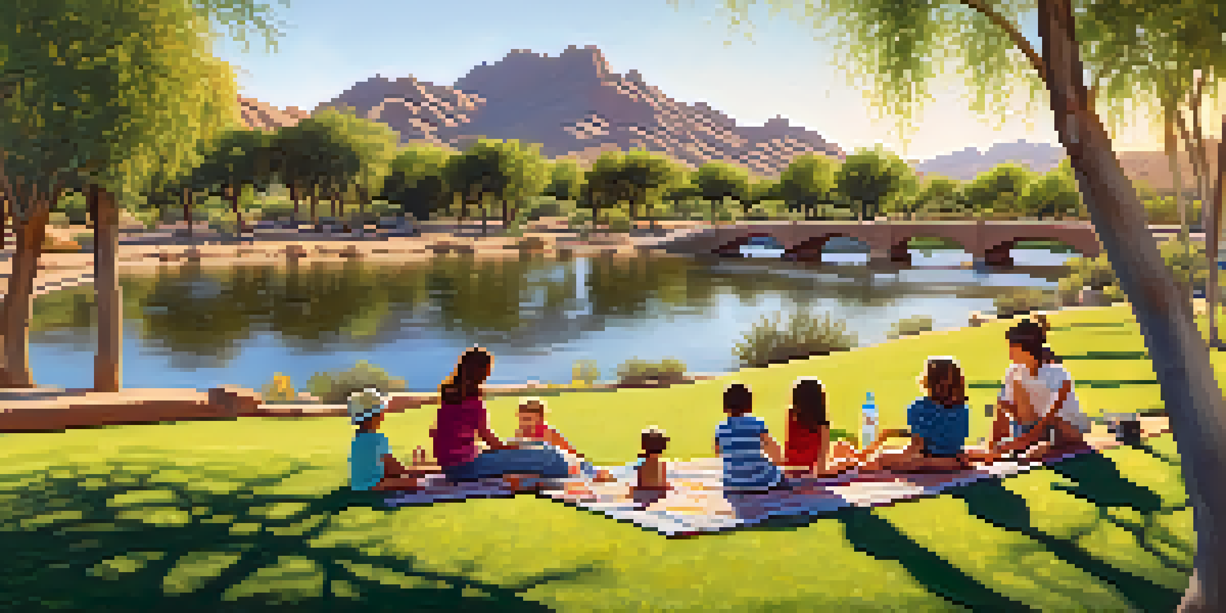 A family enjoying a picnic on a blanket with lush green grass and the Arizona Canal in the background, under a sunny sky.