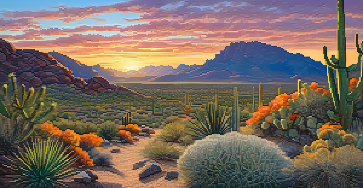 A vibrant sunset view of the McDowell Sonoran Preserve showcasing desert landscapes, cacti, and a winding hiking trail.