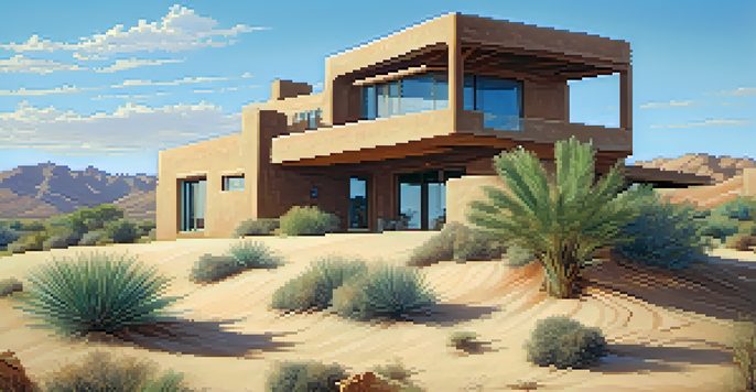 An adobe house designed for desert living, surrounded by sand dunes and native plants under a clear blue sky.