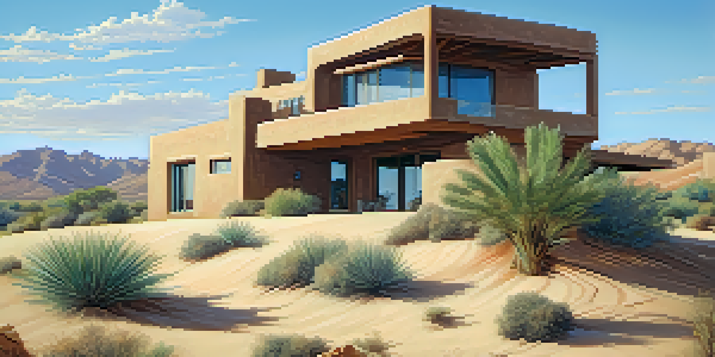 An adobe house designed for desert living, surrounded by sand dunes and native plants under a clear blue sky.
