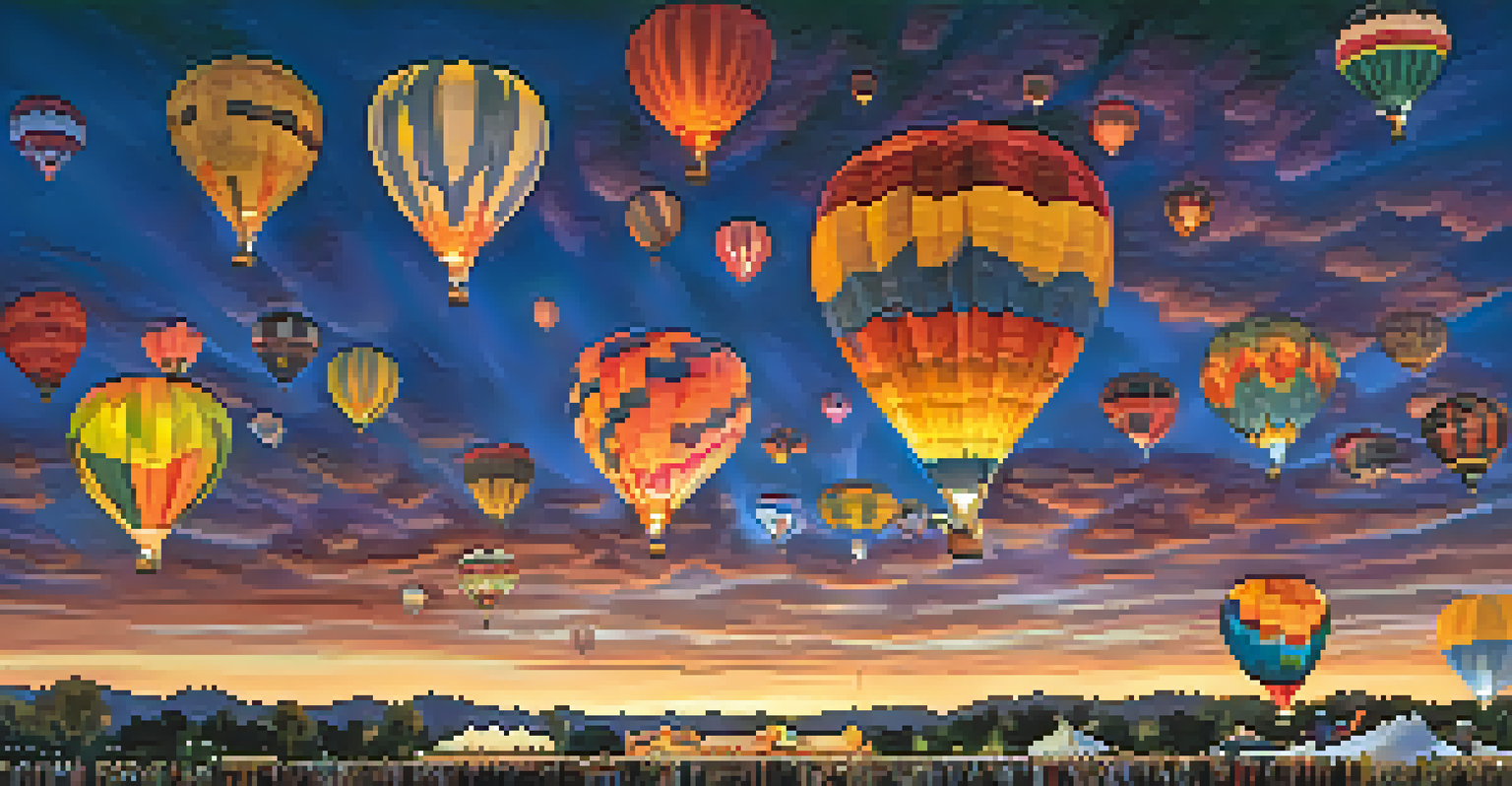 A magical evening at the Scottsdale Hot Air Balloon Festival, with glowing balloons lighting up the dark sky and happy festival-goers watching.