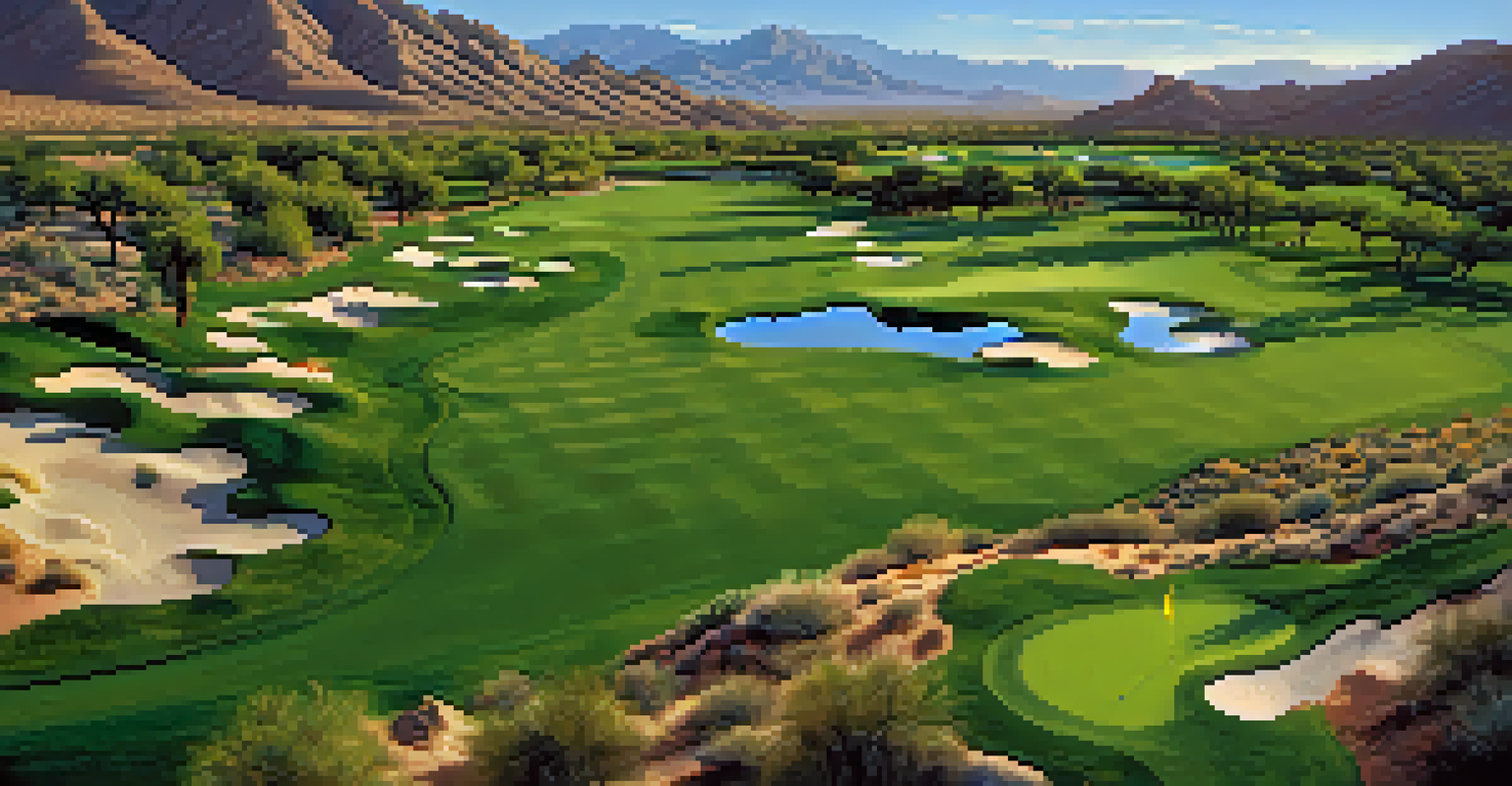 An aerial view of Desert Mountain Club's golf course with golfers playing amidst mountains and desert vegetation.