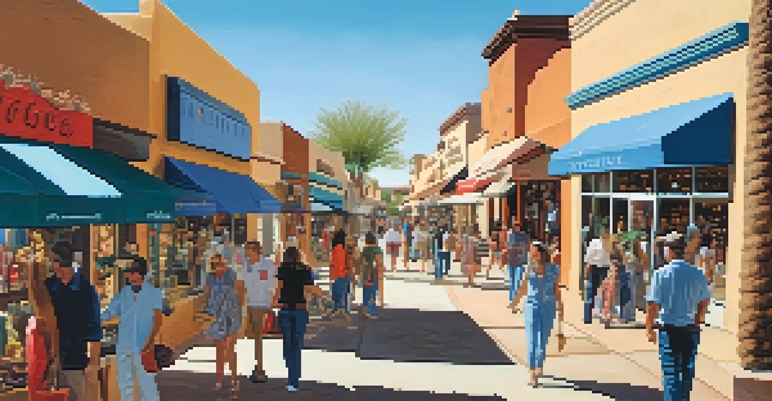 A lively street in Scottsdale with colorful artisan boutiques and people browsing unique clothing and accessories.