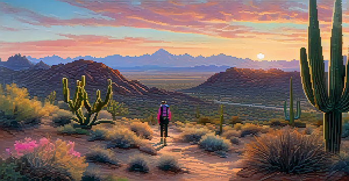 A hiker standing on a desert trail at sunrise, surrounded by cacti and rocky terrain, with a colorful sky in the background.