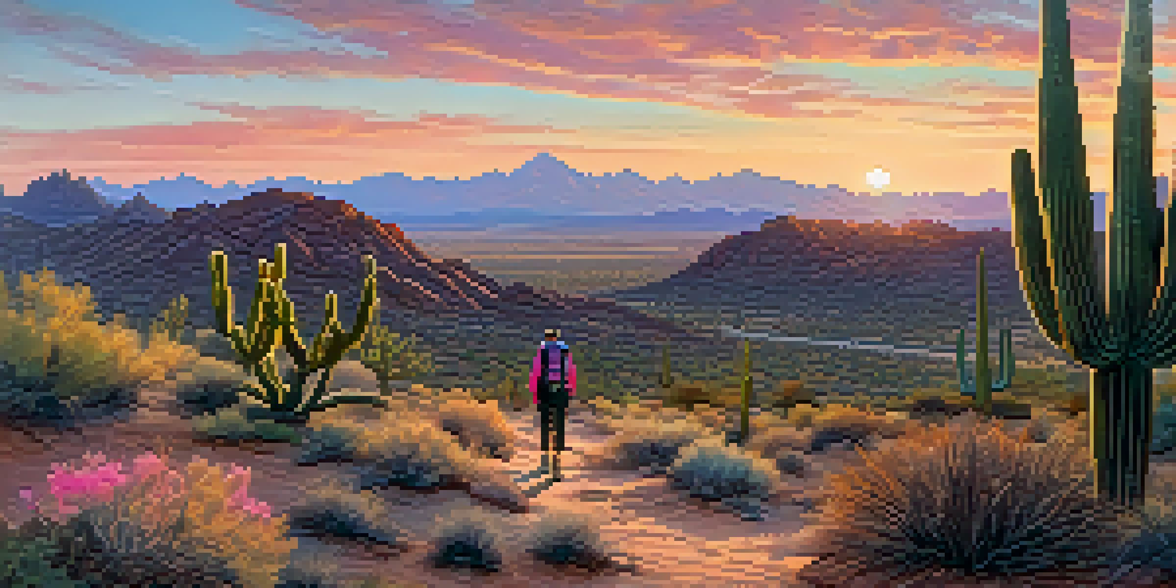 A hiker standing on a desert trail at sunrise, surrounded by cacti and rocky terrain, with a colorful sky in the background.
