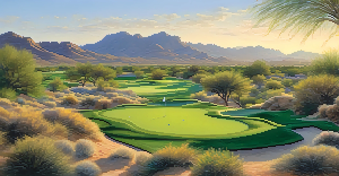 A sunrise view of a golf course in Scottsdale with a golfer practicing their swing in lush greenery and desert mountains in the background.