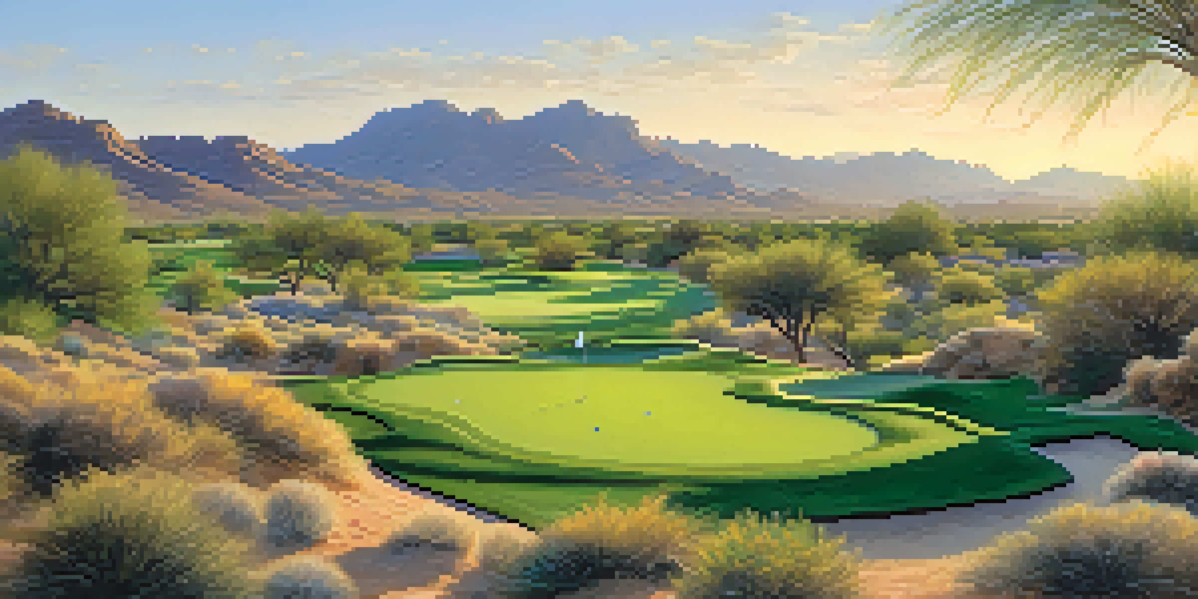 A sunrise view of a golf course in Scottsdale with a golfer practicing their swing in lush greenery and desert mountains in the background.