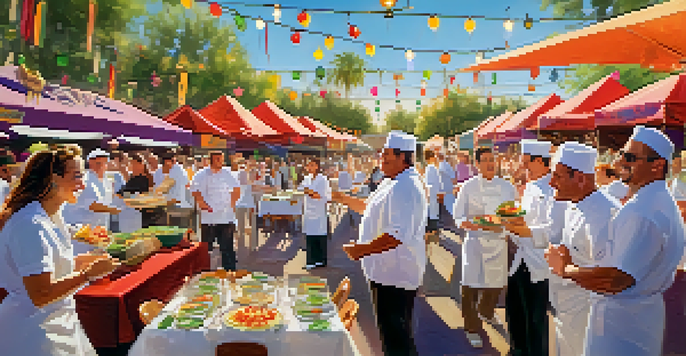 A lively outdoor food festival in Scottsdale with chefs and visitors enjoying gourmet dishes under string lights.