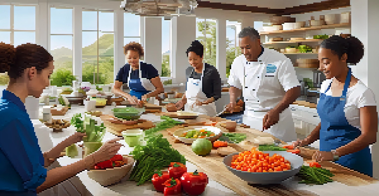Guests participating in a cooking class, preparing healthy meals with local ingredients in a bright kitchen.