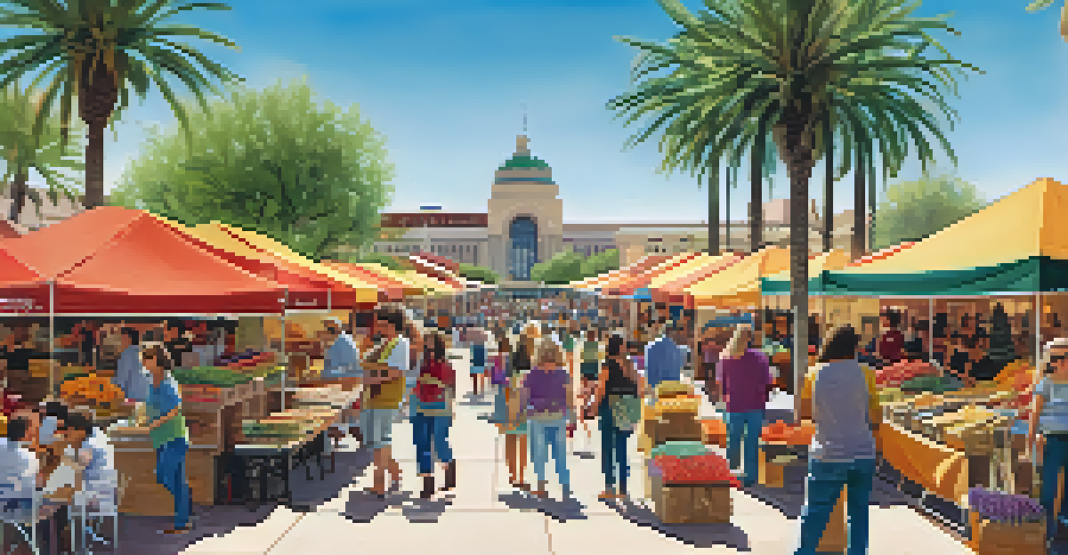 A lively outdoor event at Scottsdale's Civic Center Mall, featuring market stalls and people enjoying the day.