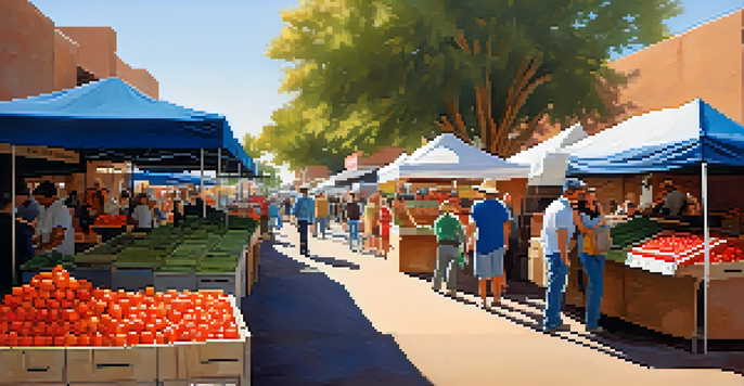 A lively farmers' market in Scottsdale with colorful stalls of fresh fruits and vegetables under the warm sun, featuring shoppers and vendors interacting.