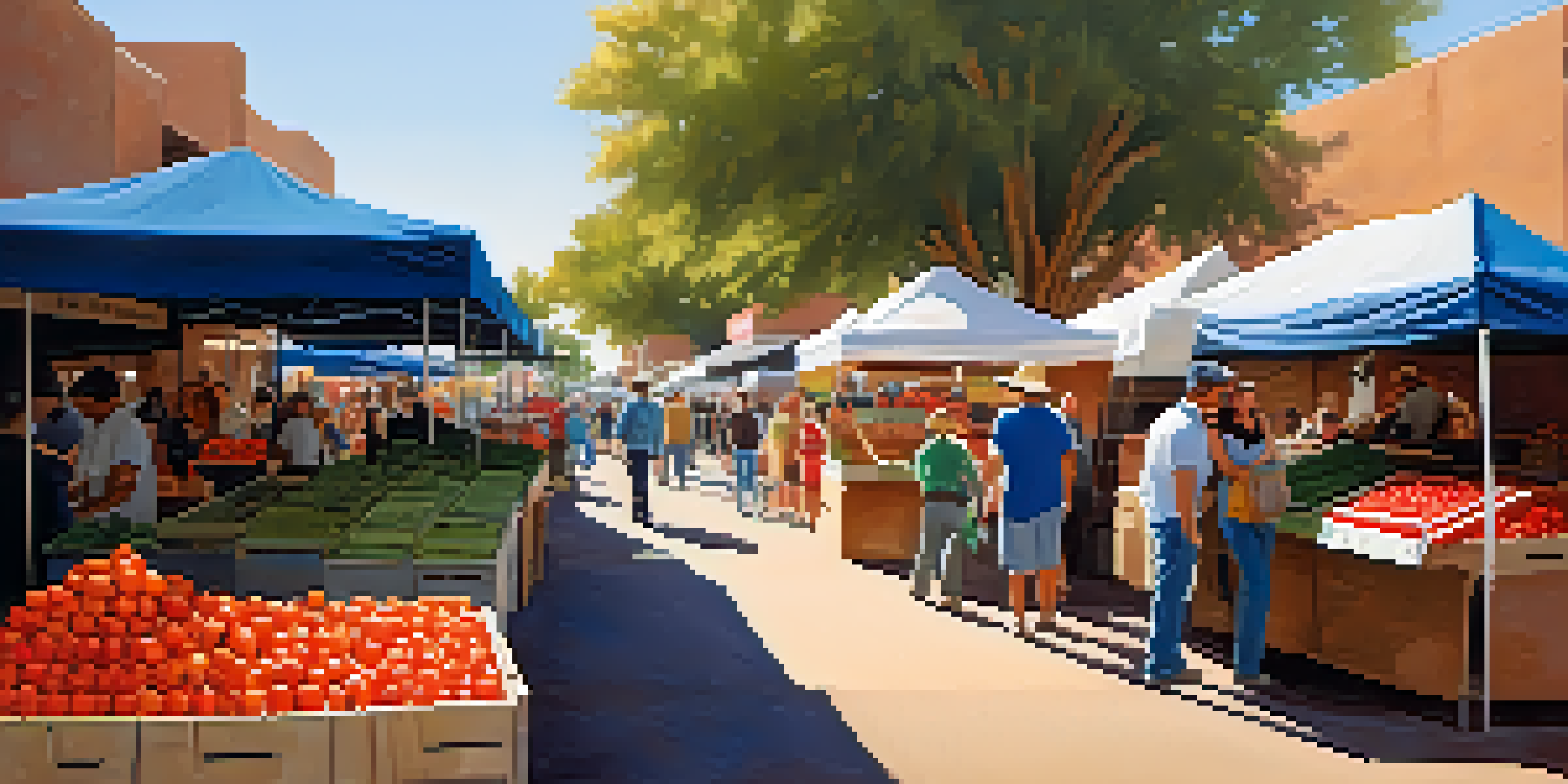 A lively farmers' market in Scottsdale with colorful stalls of fresh fruits and vegetables under the warm sun, featuring shoppers and vendors interacting.