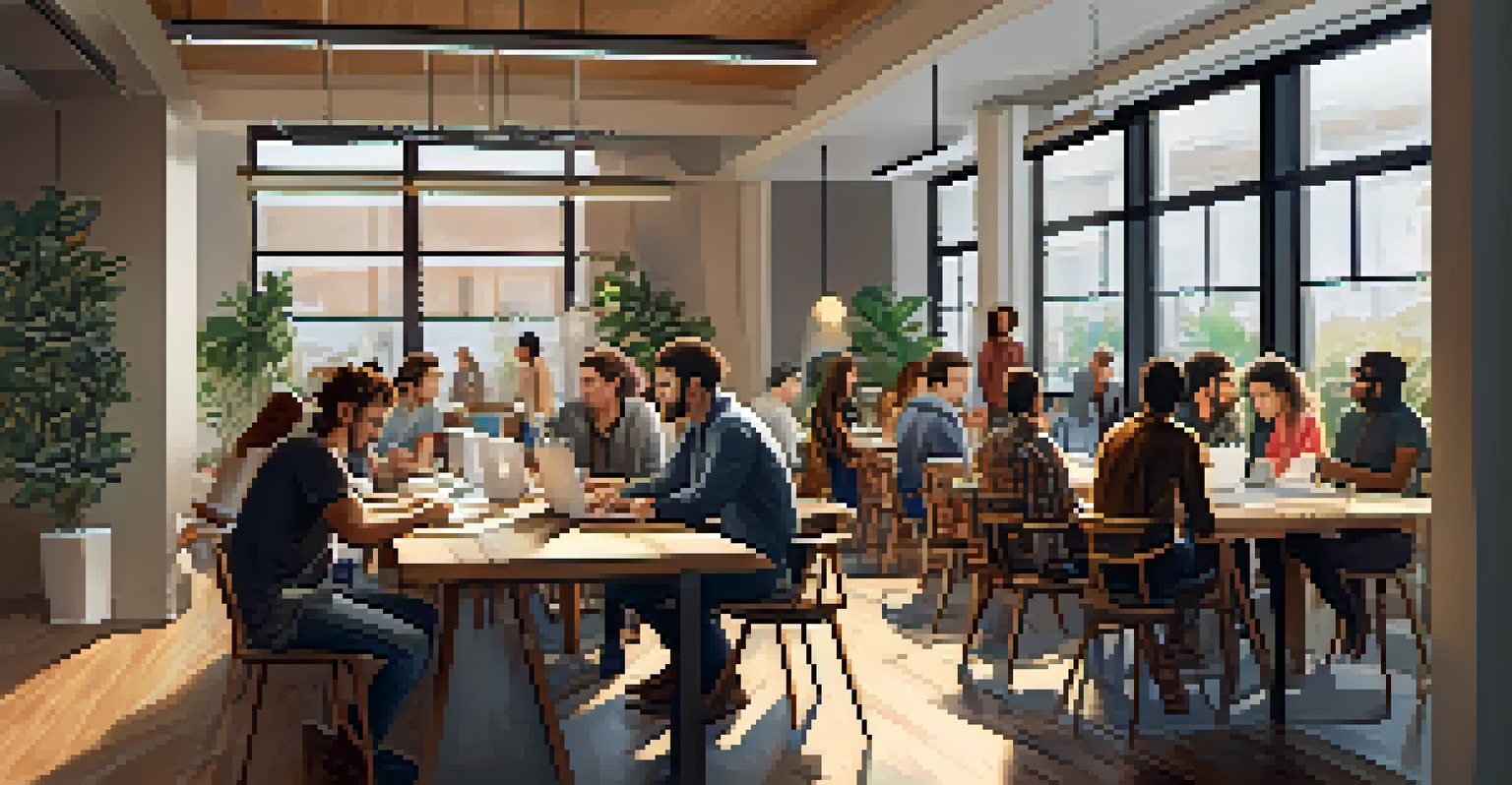 A bright coworking space with people collaborating at a long table, surrounded by modern decor and natural light.