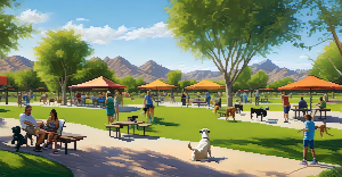 A vibrant scene at Chaparral Dog Park with dogs playing and owners socializing under sunny skies.