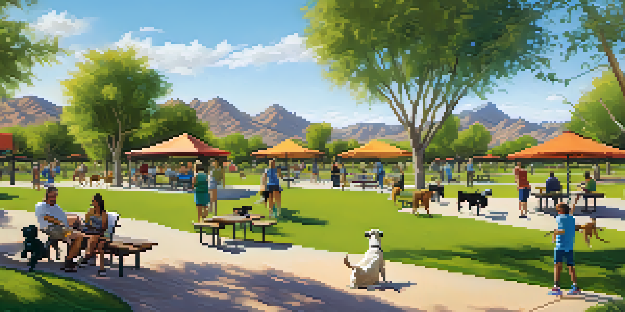 A vibrant scene at Chaparral Dog Park with dogs playing and owners socializing under sunny skies.