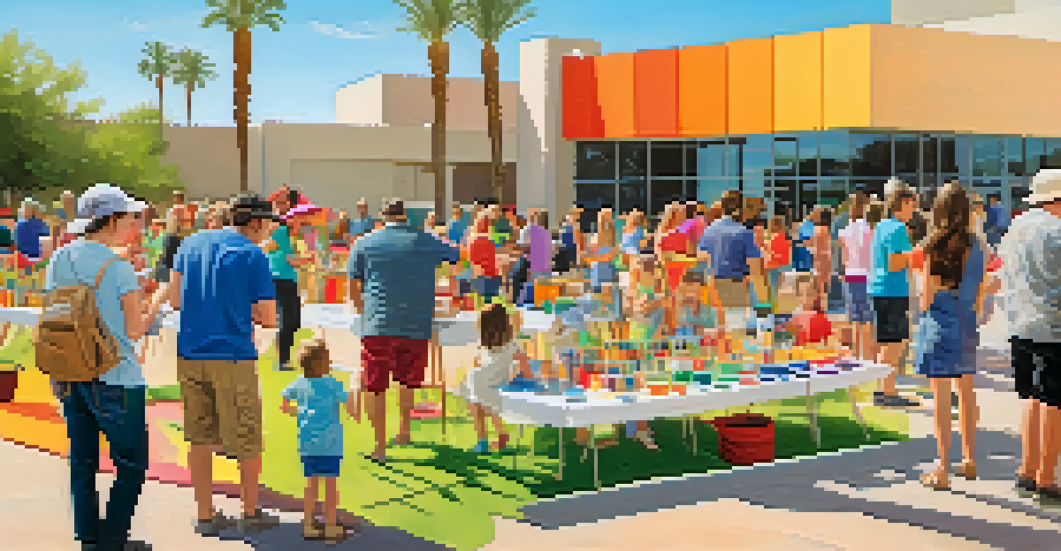 A lively outdoor art workshop with families and children creating art, surrounded by colorful supplies and the modern architectural museum in the background.