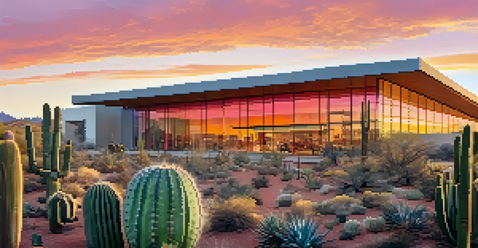 A panoramic view of a modern art museum surrounded by desert landscape at sunset, with vibrant colors in the sky.