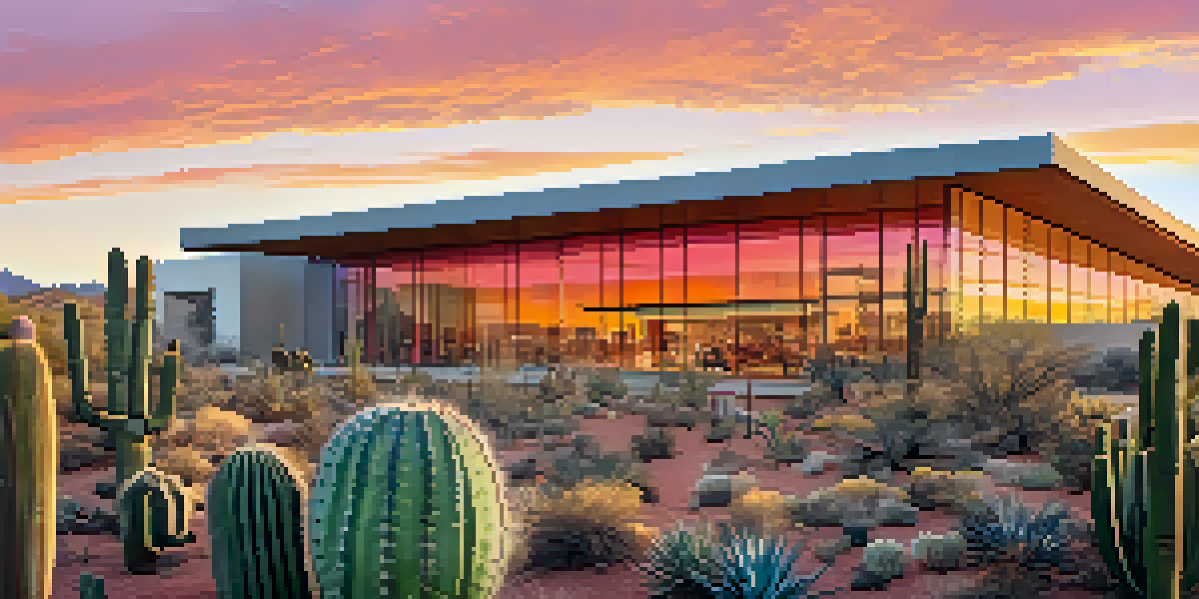 A panoramic view of a modern art museum surrounded by desert landscape at sunset, with vibrant colors in the sky.
