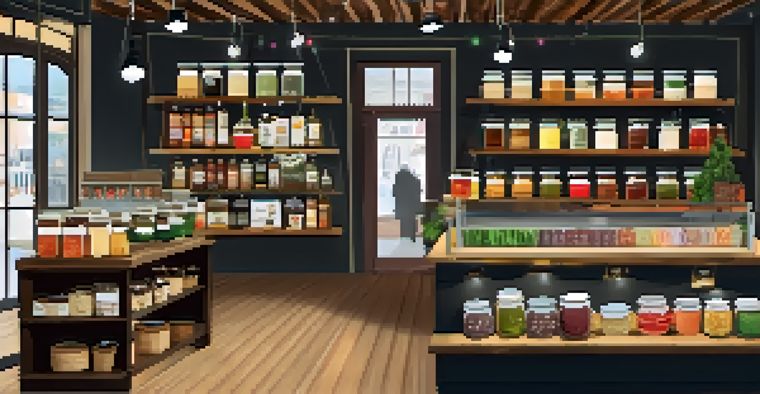 A cozy pop-up shop showcasing artisanal food products with jars of salsas and chocolates.