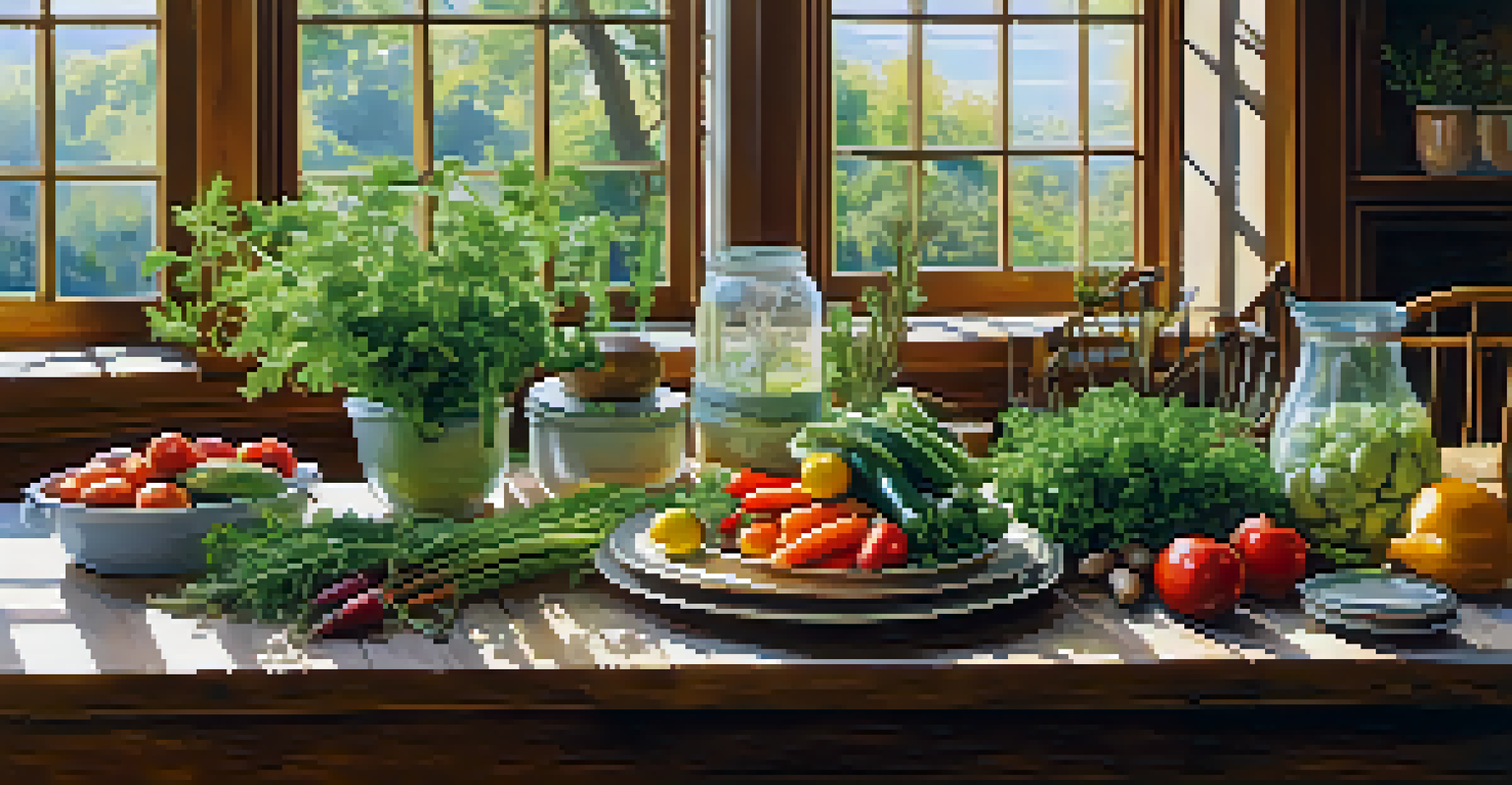 A farm-to-table dining setup with fresh vegetables and herbs on a wooden table in a sunlit kitchen.
