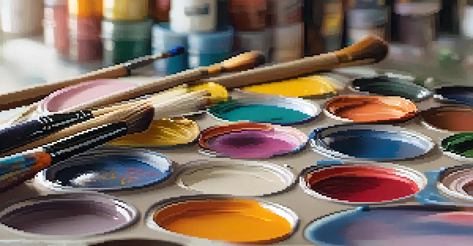 A close-up of a painter's palette filled with vibrant colors in an art studio, with brushes and a partially completed canvas in the background.