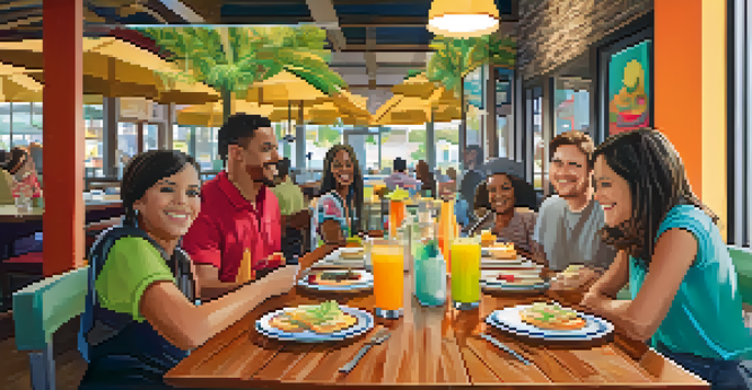 A lively family enjoying brunch at The Hash Kitchen with colorful decor and cheerful smiles.