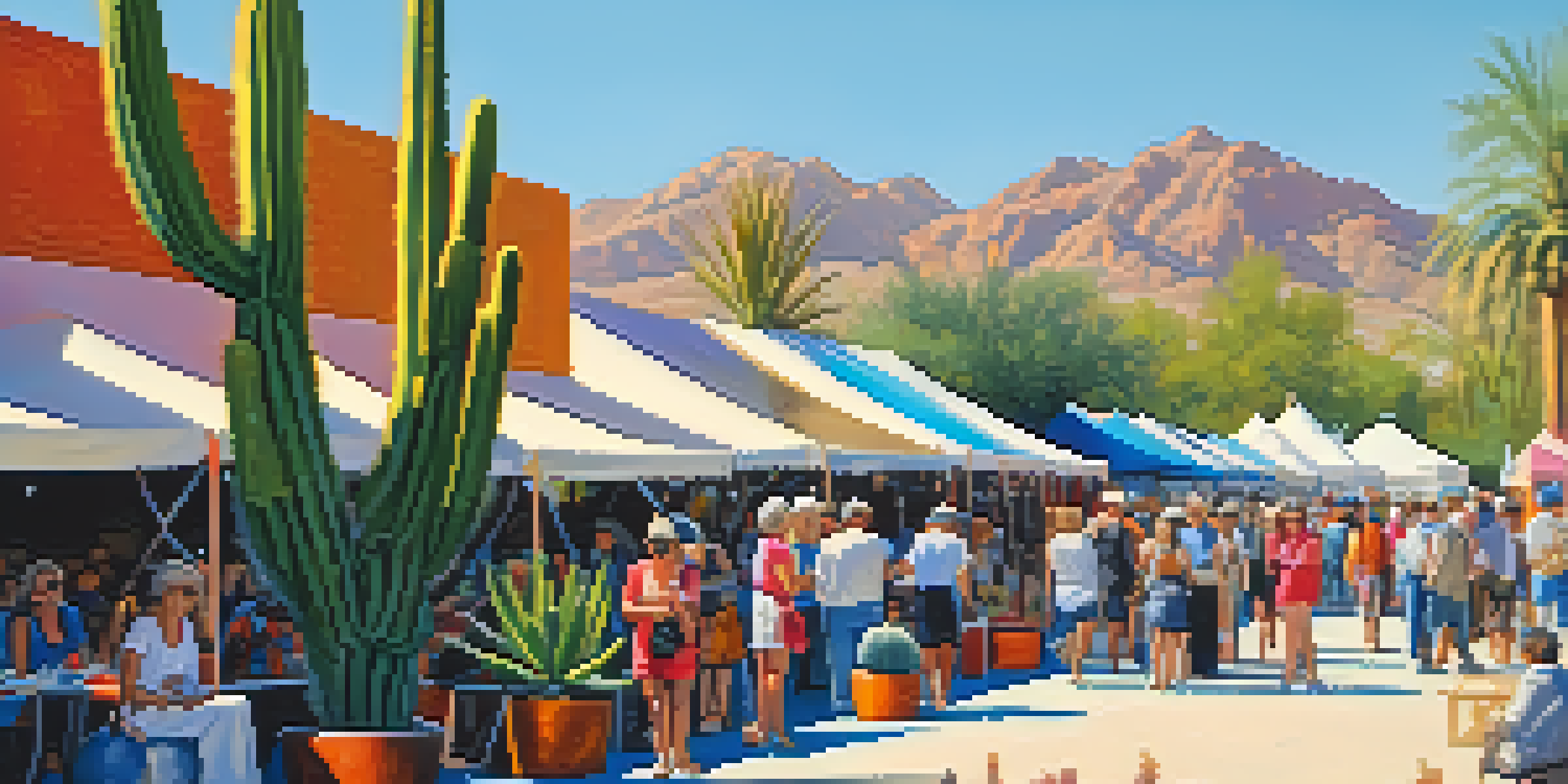 An outdoor art festival in Scottsdale, Arizona, with artists showcasing colorful artworks and visitors admiring the pieces under a clear blue sky.