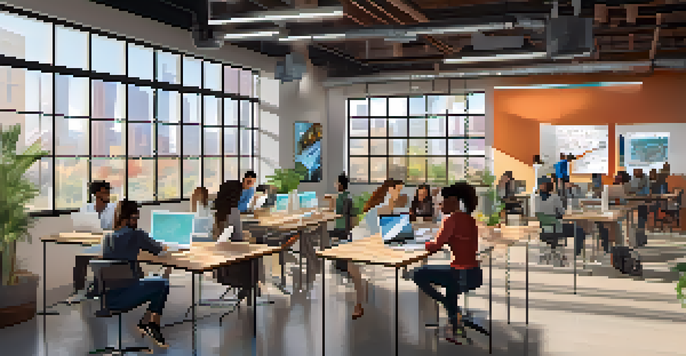 A lively co-working space at the Scottsdale Digital Innovation Hub with diverse individuals collaborating on tech projects under bright natural light.
