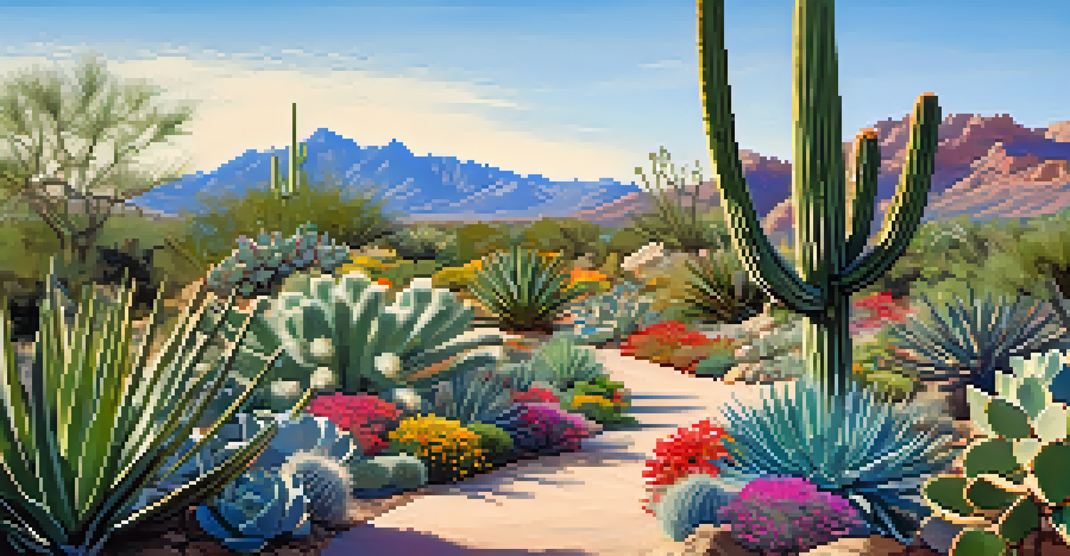 The Desert Botanical Garden in spring, displaying colorful wildflowers alongside cacti and succulents under a clear blue sky.