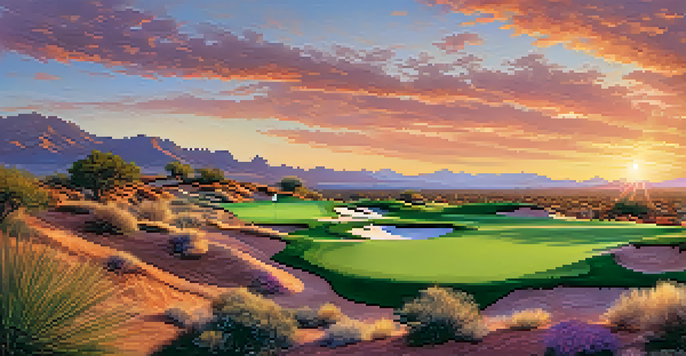 A scenic sunset view of Troon North Golf Club, with golfers on the course amidst the desert landscape.